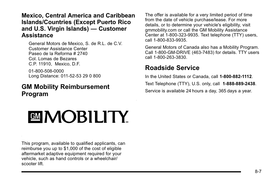 Gm mobility reimbursement program, Roadside service, Service | Cadillac 2010 DTS User Manual | Page 457 / 486