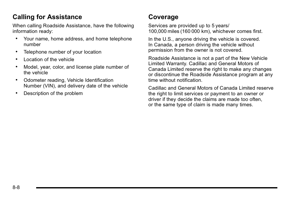 Calling for assistance, Coverage | Cadillac 2010 DTS User Manual | Page 458 / 486