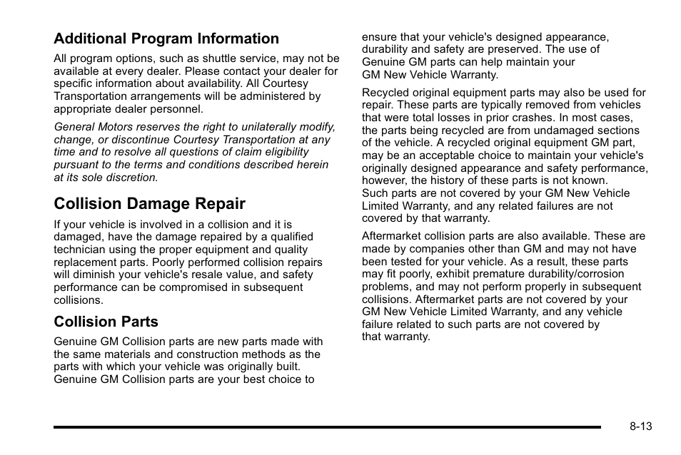 Collision damage repair, Collision damage repair -13, Onstar | Additional program information, Collision parts | Cadillac 2010 DTS User Manual | Page 463 / 486