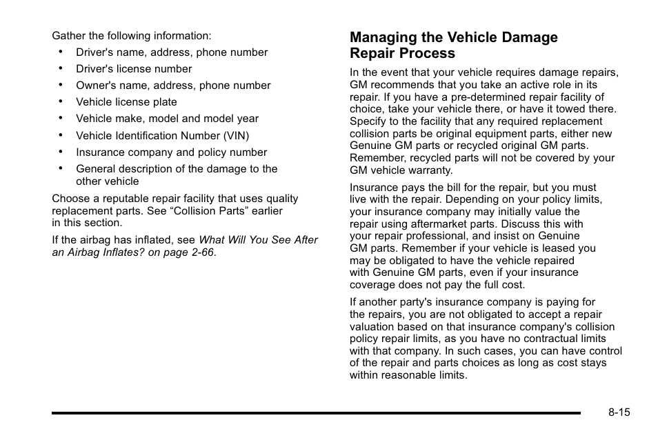 Managing the vehicle damage repair process | Cadillac 2010 DTS User Manual | Page 465 / 486