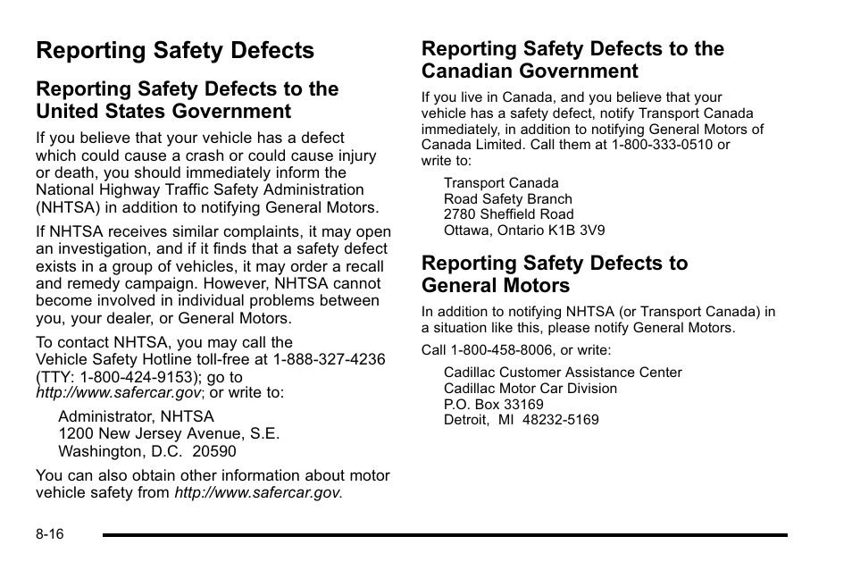 Reporting safety defects to general motors, Reporting safety defects -16, Reporting safety defects | To the united states government -16, To the canadian government -16, Defects, To general motors -16 | Cadillac 2010 DTS User Manual | Page 466 / 486