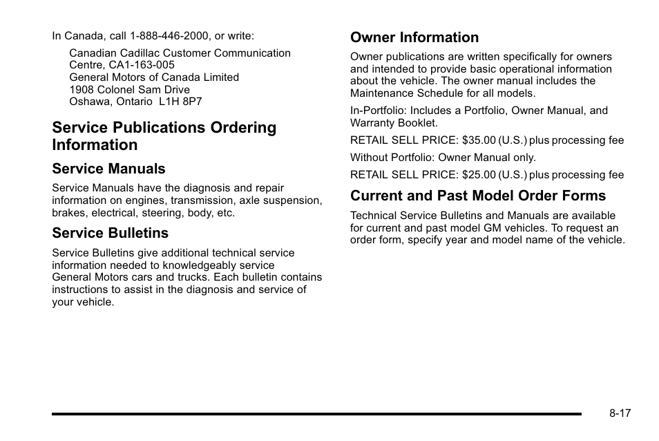 Service publications ordering information, Publications ordering information -17, Service manuals | Service bulletins, Owner information, Current and past model order forms | Cadillac 2010 DTS User Manual | Page 467 / 486