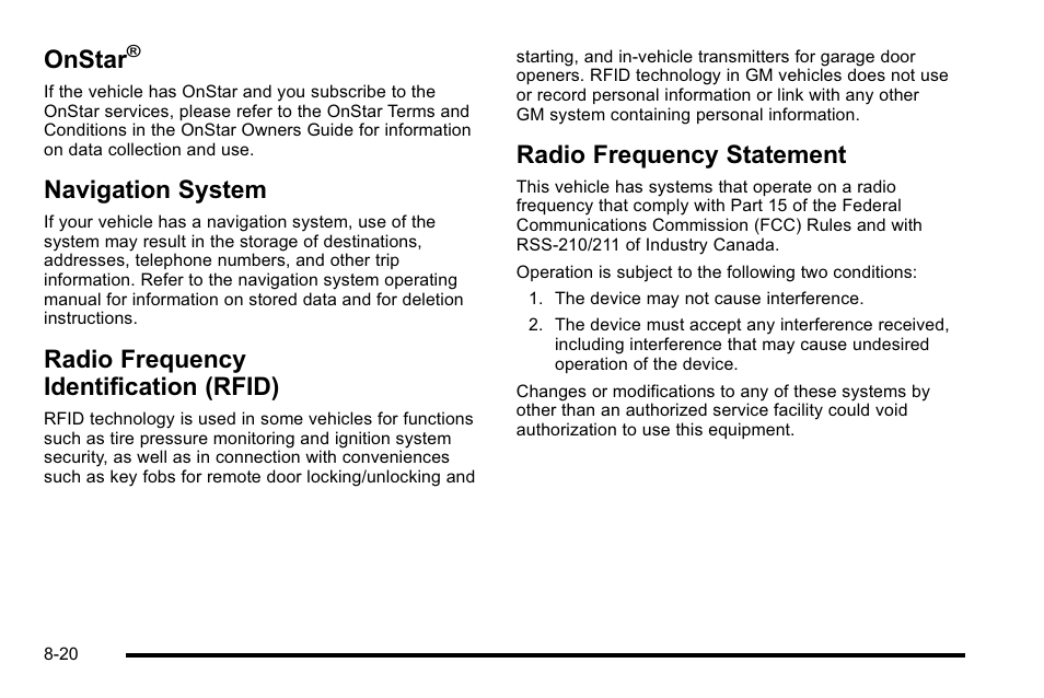 Onstar, Navigation system, Radio frequency identification (rfid) | Radio frequency statement | Cadillac 2010 DTS User Manual | Page 470 / 486