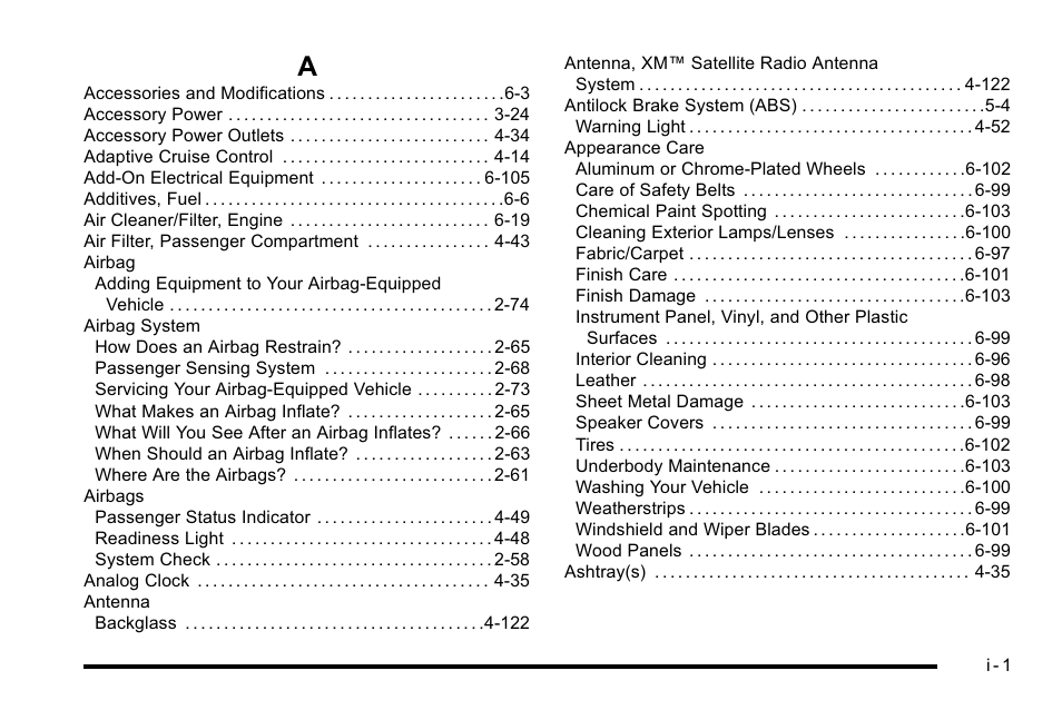 Index, Index_a | Cadillac 2010 DTS User Manual | Page 471 / 486