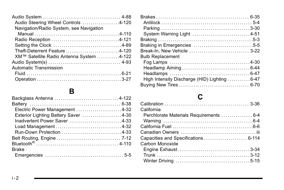 Index_b, Index_c | Cadillac 2010 DTS User Manual | Page 472 / 486