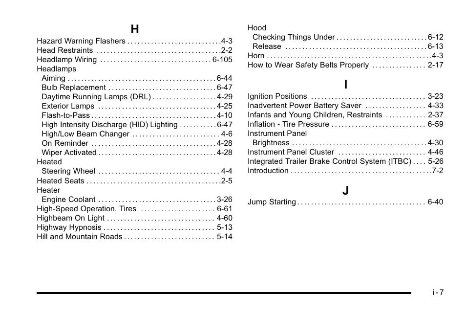 Index_h, Index_i, Index_j | Cadillac 2010 DTS User Manual | Page 477 / 486