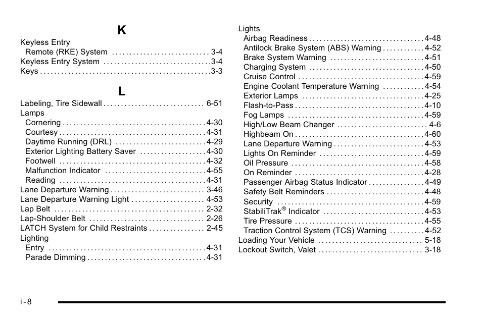 Index_k, Index_l | Cadillac 2010 DTS User Manual | Page 478 / 486