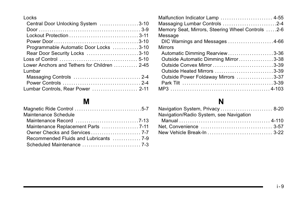 Index_m, Index_n | Cadillac 2010 DTS User Manual | Page 479 / 486