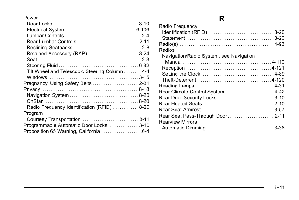 Index_r | Cadillac 2010 DTS User Manual | Page 481 / 486