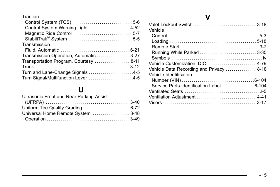 Index_u, Index_v | Cadillac 2010 DTS User Manual | Page 485 / 486