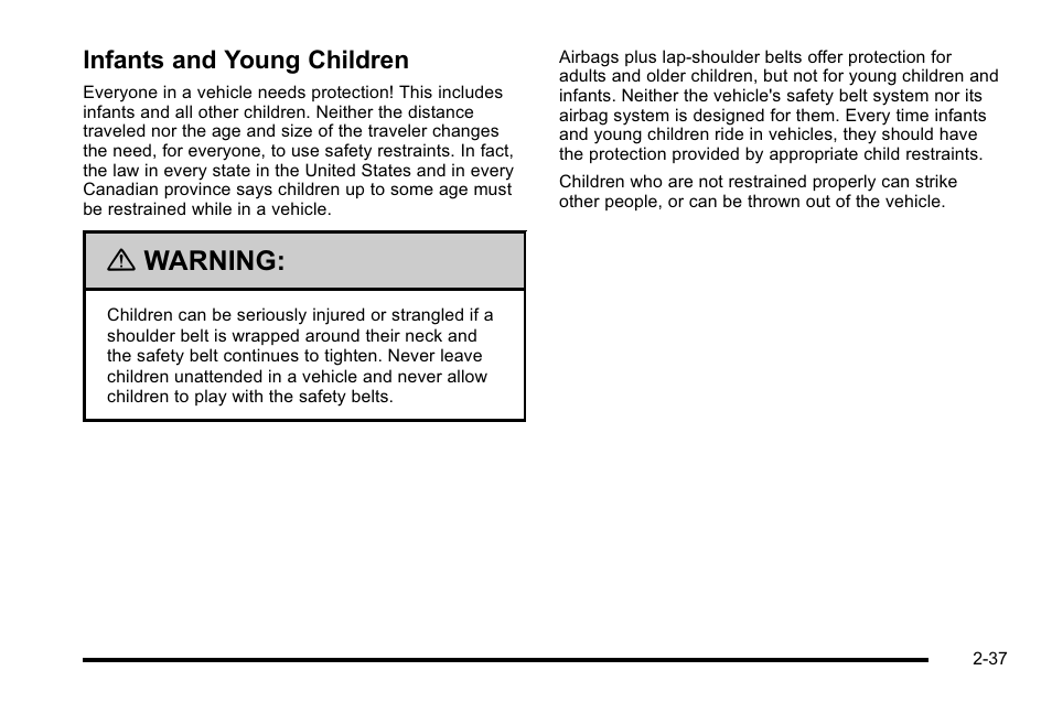 Infants and young children, Infants and young children -37, Warning | Cadillac 2010 DTS User Manual | Page 69 / 486