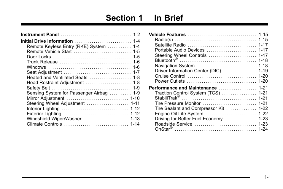 In brief, In brief -1 | Cadillac 2010 DTS User Manual | Page 7 / 486