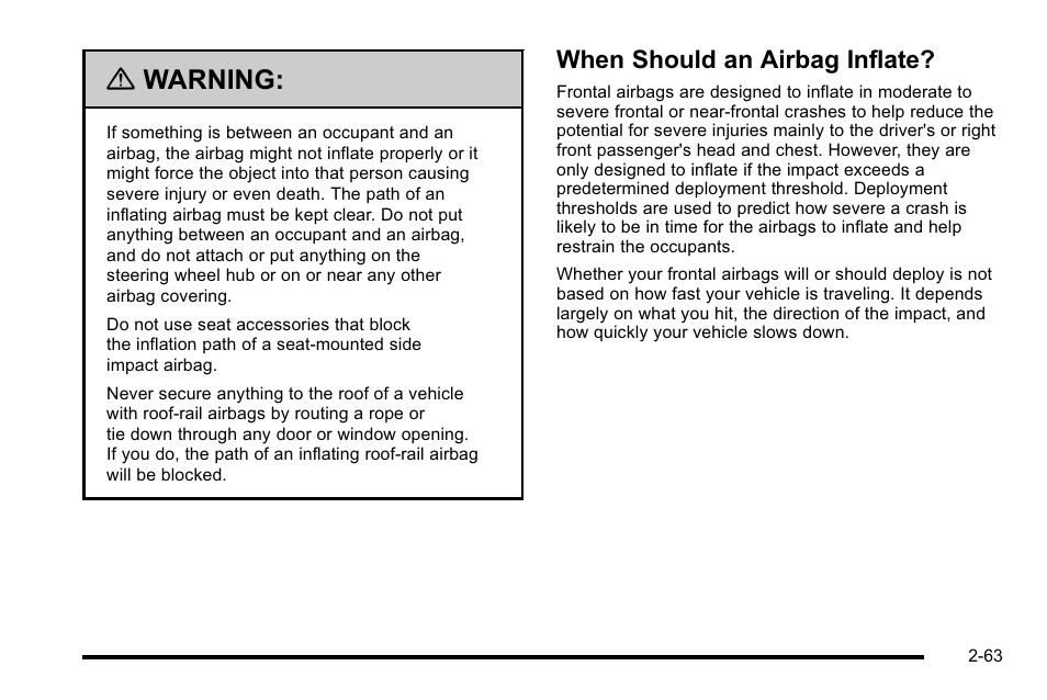 When should an airbag inflate, When should an airbag inflate? -63, Warning | Cadillac 2010 DTS User Manual | Page 95 / 486