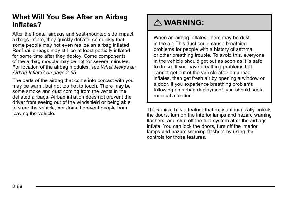 What will you see after an airbag inflates, What will you see after an airbag inflates? -66, Warning | Cadillac 2010 DTS User Manual | Page 98 / 486