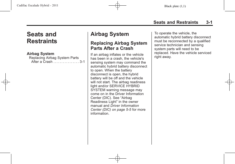 Seats and restraints, Airbag system, Replacing airbag system parts after a crash | Seats and restraints -1, Airbag system -1, Wheels | Cadillac 2011 Escalade Hybrid User Manual | Page 11 / 94