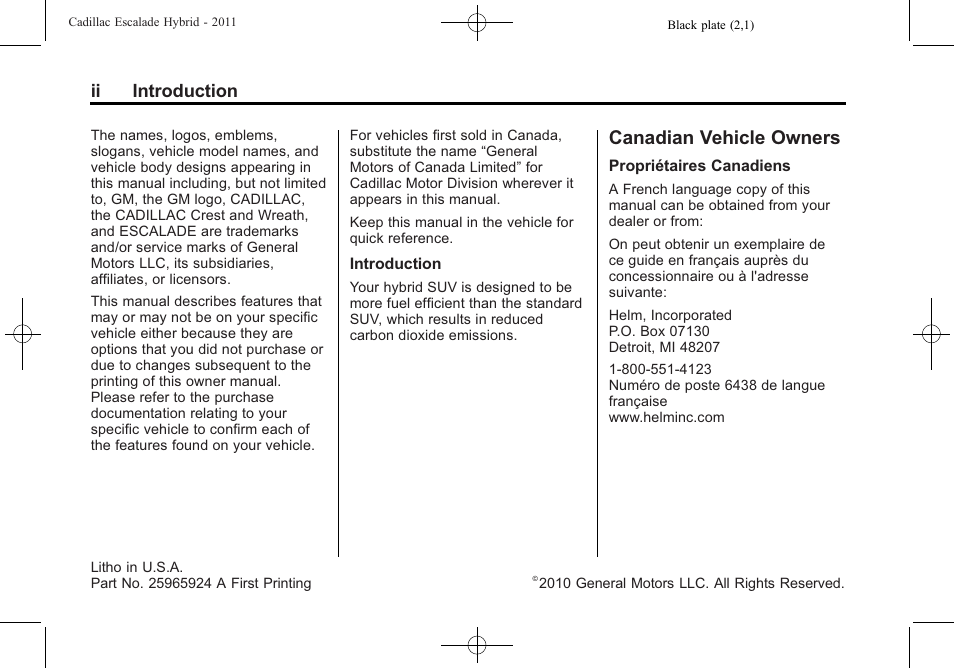 Introduction, Canadian vehicle owners, Ii introduction | Cadillac 2011 Escalade Hybrid User Manual | Page 2 / 94