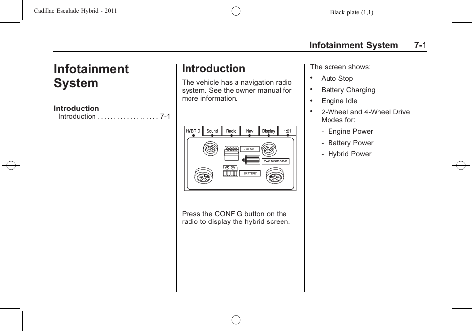 Infotainment system, Introduction, Infotainment system -1 | Introduction -1, Infotainment system 7-1 | Cadillac 2011 Escalade Hybrid User Manual | Page 23 / 94