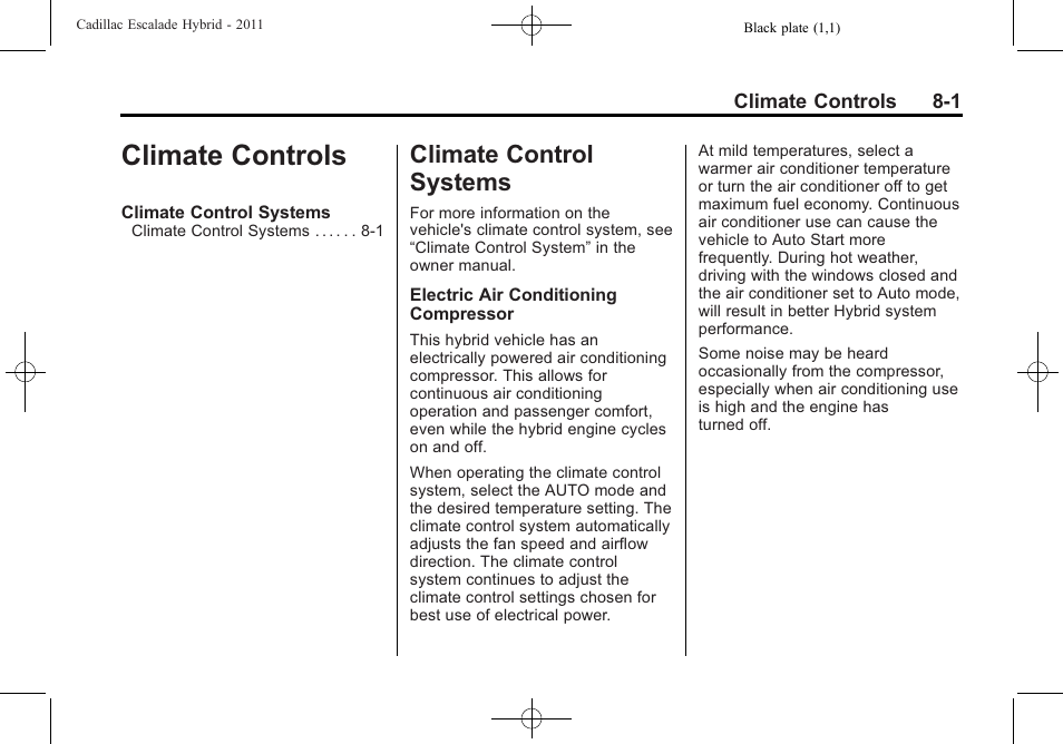 Climate controls, Climate control systems, Climate controls -1 | Climate control systems -1 | Cadillac 2011 Escalade Hybrid User Manual | Page 25 / 94