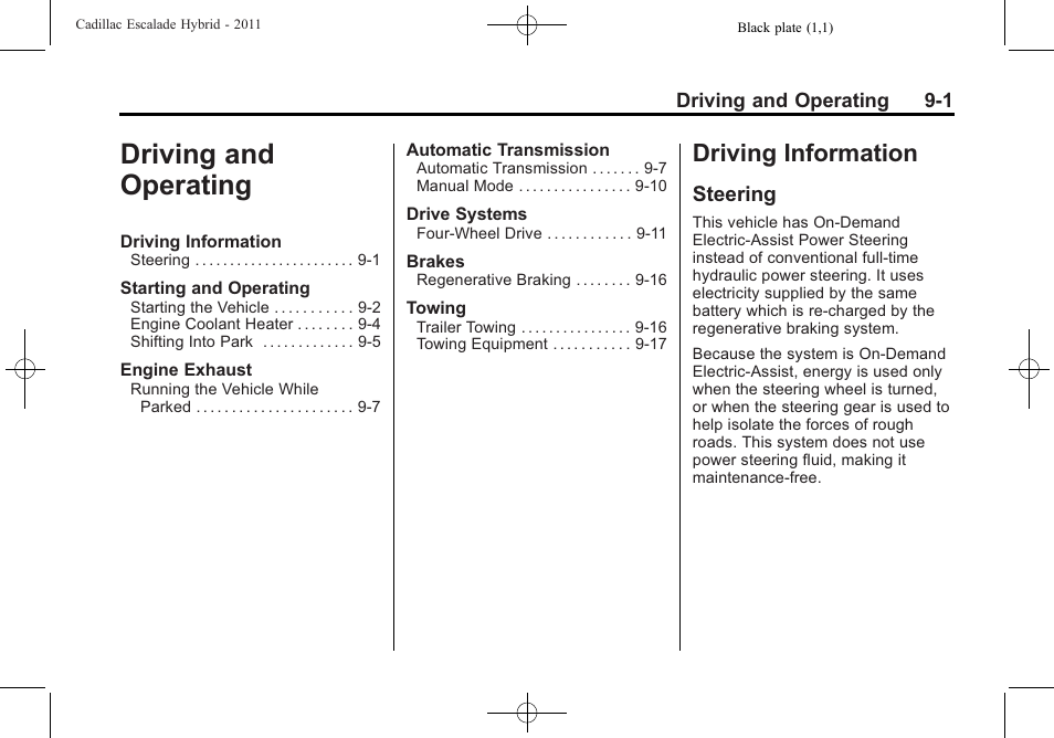 Driving and operating, Driving information, Steering | Driving and operating -1, Driving information -1 | Cadillac 2011 Escalade Hybrid User Manual | Page 27 / 94