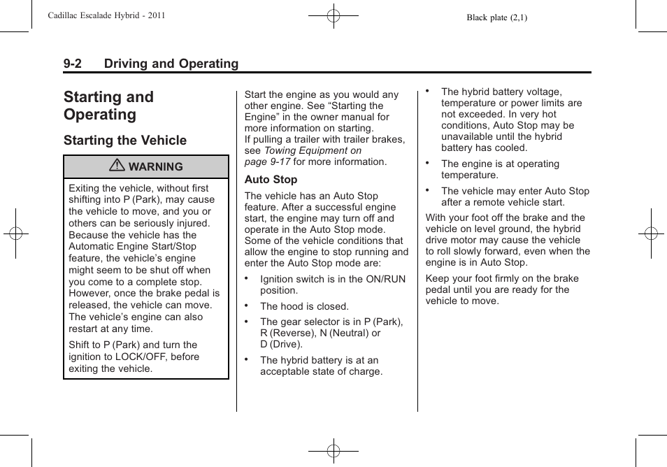 Starting and operating, Starting the vehicle, Starting and operating -2 | Starting the vehicle -2, Towing, 2 driving and operating | Cadillac 2011 Escalade Hybrid User Manual | Page 28 / 94