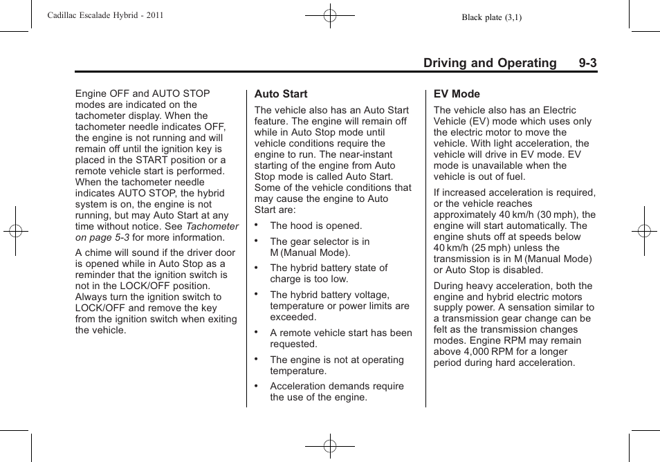 Driving and operating 9-3 | Cadillac 2011 Escalade Hybrid User Manual | Page 29 / 94