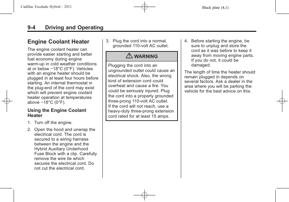 Engine coolant heater, Engine coolant heater -4 | Cadillac 2011 Escalade Hybrid User Manual | Page 30 / 94