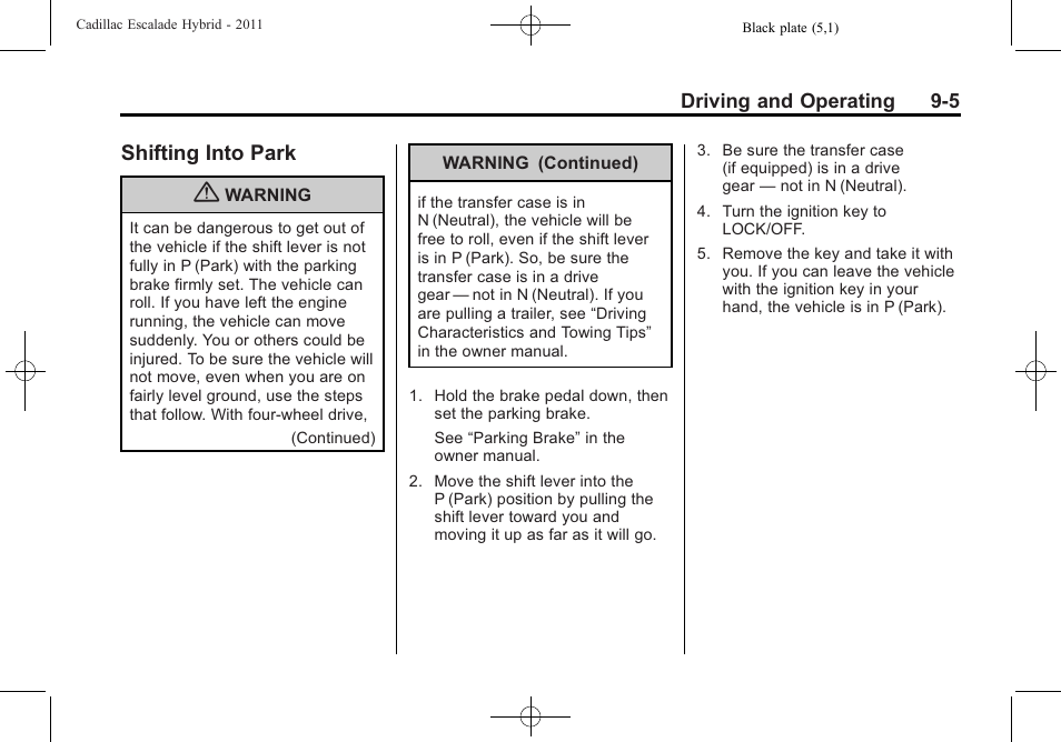 Shifting into park, Shifting into park -5, Towing | Cadillac 2011 Escalade Hybrid User Manual | Page 31 / 94
