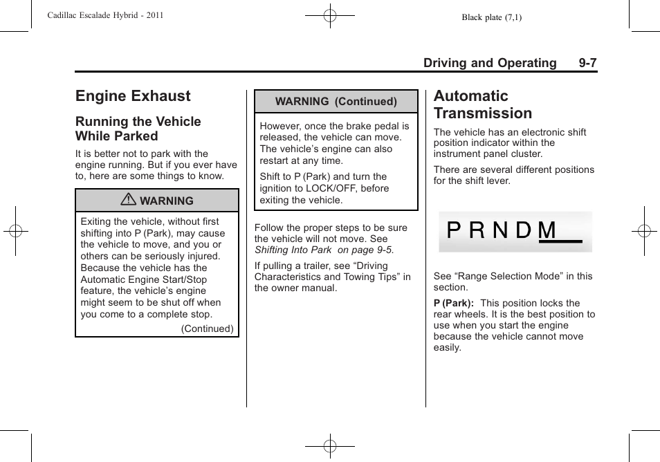 Engine exhaust, Running the vehicle while parked, Automatic transmission | Engine exhaust -7 automatic transmission -7, Running the vehicle while, Parked -7, Automatic transmission -7 | Cadillac 2011 Escalade Hybrid User Manual | Page 33 / 94