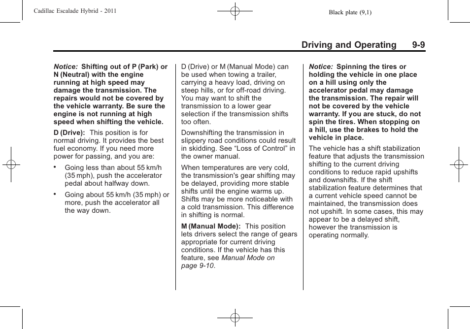 Driving and operating 9-9 | Cadillac 2011 Escalade Hybrid User Manual | Page 35 / 94