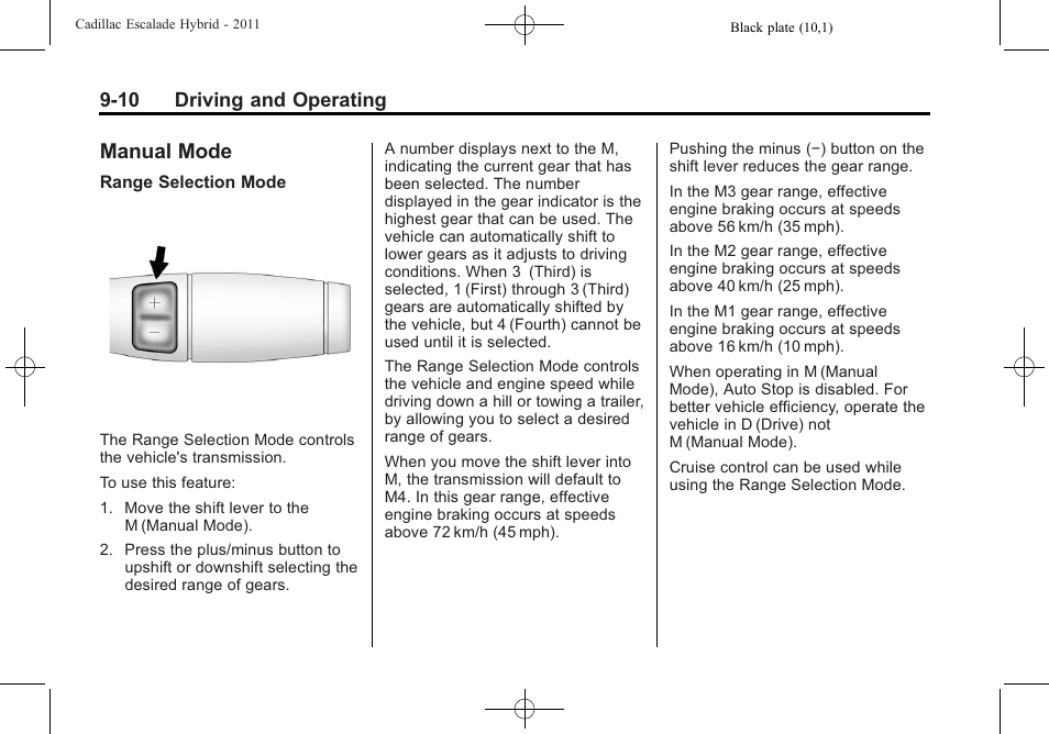 Manual mode, Manual mode -10, 10 driving and operating | Cadillac 2011 Escalade Hybrid User Manual | Page 36 / 94