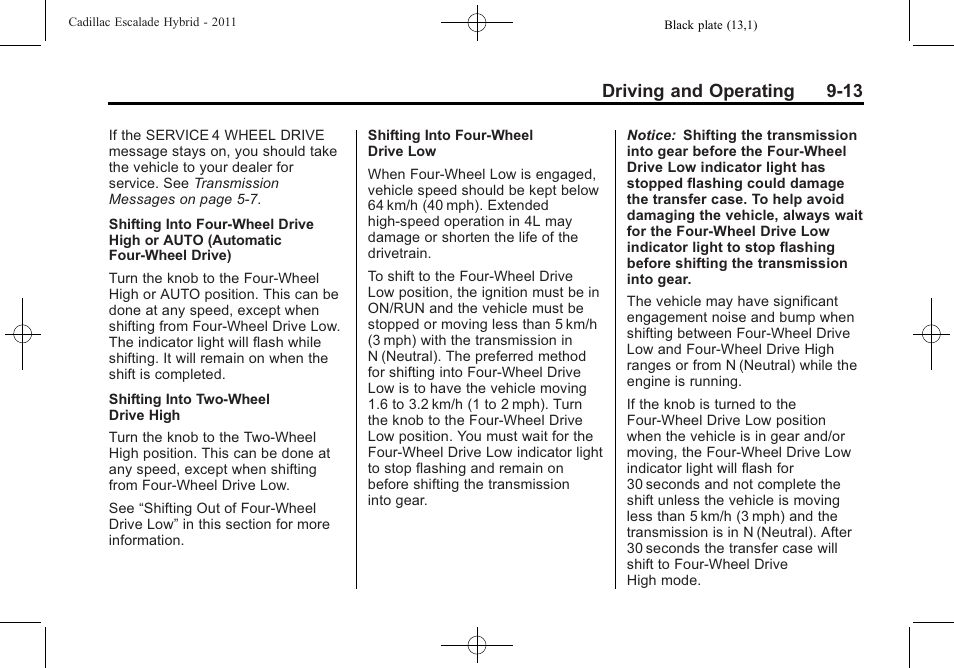 Driving and operating 9-13 | Cadillac 2011 Escalade Hybrid User Manual | Page 39 / 94