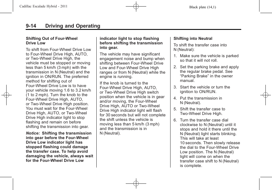 14 driving and operating | Cadillac 2011 Escalade Hybrid User Manual | Page 40 / 94