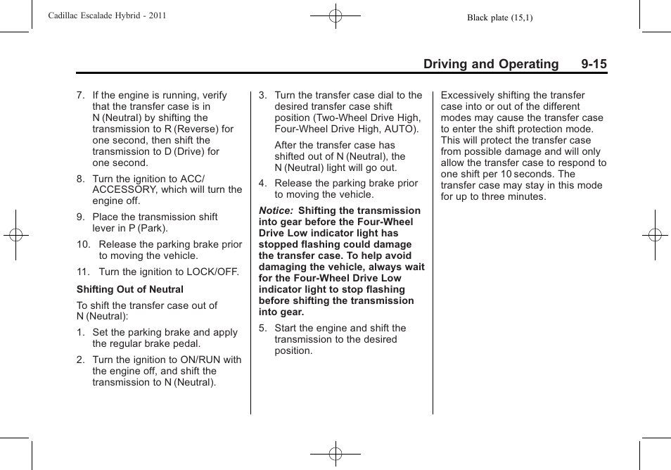 Driving and operating 9-15 | Cadillac 2011 Escalade Hybrid User Manual | Page 41 / 94