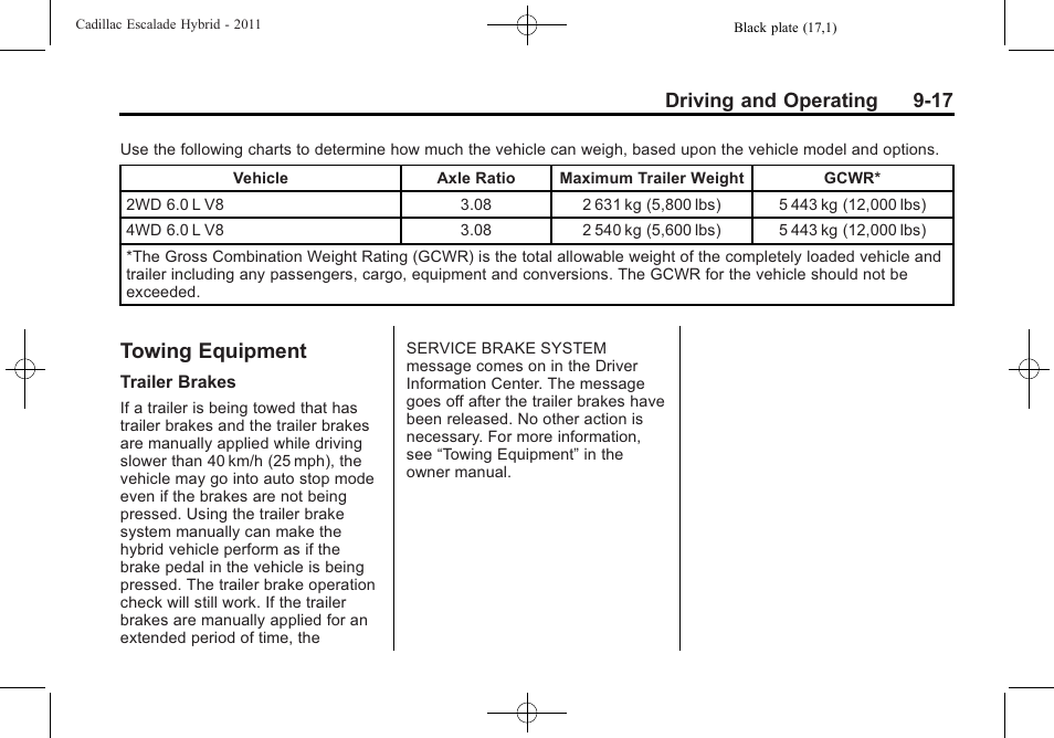 Towing equipment, Equipment -17, Driving and operating 9-17 | Cadillac 2011 Escalade Hybrid User Manual | Page 43 / 94