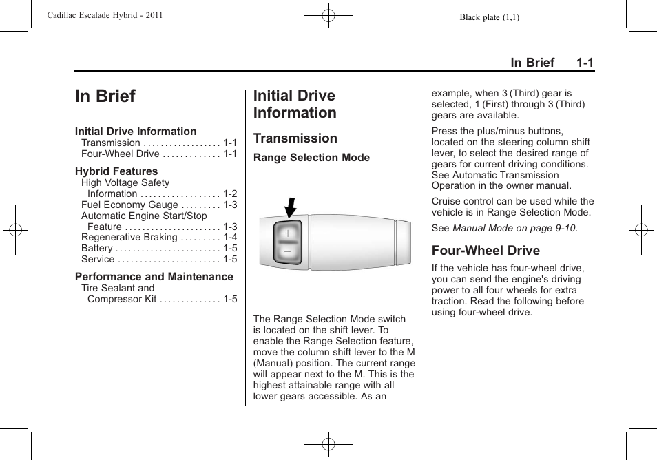 In brief, Initial drive information, Transmission | Four-wheel drive, In brief -1, Initial drive information -1, Brakes, T ransmission | Cadillac 2011 Escalade Hybrid User Manual | Page 5 / 94