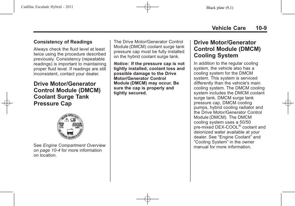 Drive motor/generator control, Module (dmcm) coolant surge tank pressure cap -9, Module (dmcm) cooling system -9 | Cadillac 2011 Escalade Hybrid User Manual | Page 53 / 94