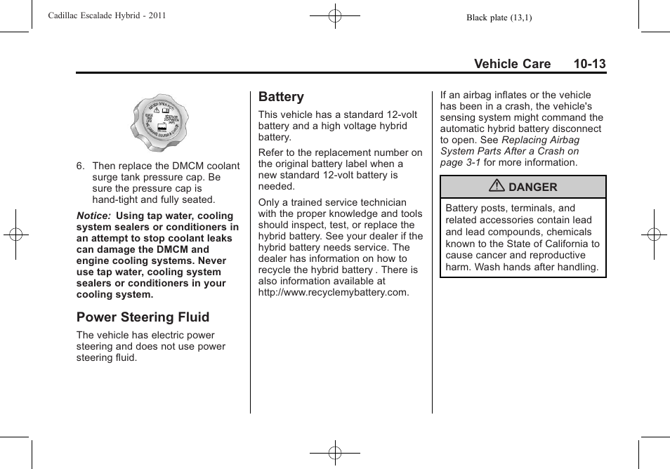 Power steering fluid, Battery, Power steering fluid -13 battery -13 | Cadillac 2011 Escalade Hybrid User Manual | Page 57 / 94