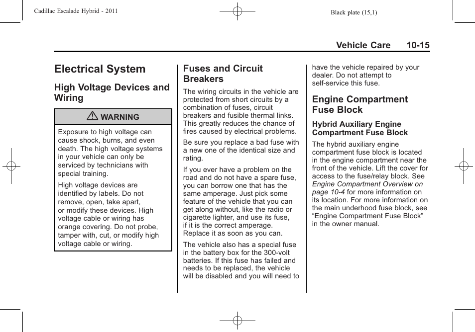 Electrical system, High voltage devices and wiring, Fuses and circuit breakers | Engine compartment fuse block, Electrical system -15, High voltage devices and, Wiring -15, Fuses and circuit, Breakers -15, Engine compartment fuse | Cadillac 2011 Escalade Hybrid User Manual | Page 59 / 94