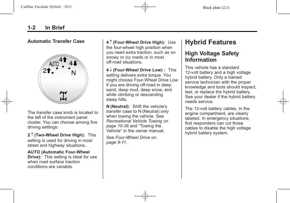 Hybrid features, High voltage safety information, Hybrid features -2 | Towing, High voltage safety, Information -2 | Cadillac 2011 Escalade Hybrid User Manual | Page 6 / 94