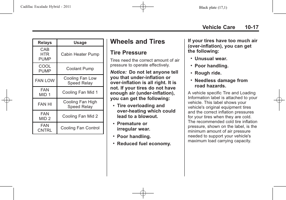 Wheels and tires, Tire pressure, And tires -17 | Tire pressure -17, Vehicle care 10-17 | Cadillac 2011 Escalade Hybrid User Manual | Page 61 / 94