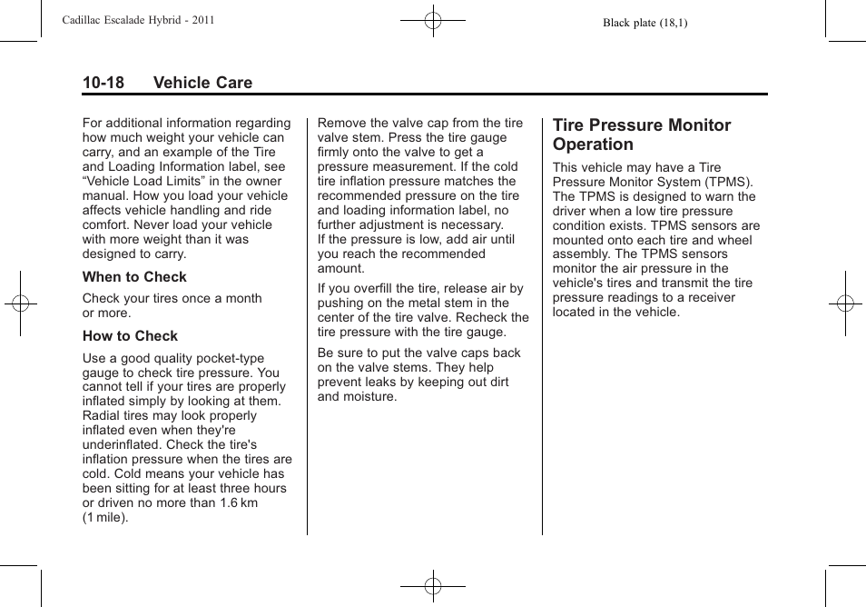 Tire pressure monitor operation, Tire pressure monitor, Operation -18 | Cadillac 2011 Escalade Hybrid User Manual | Page 62 / 94