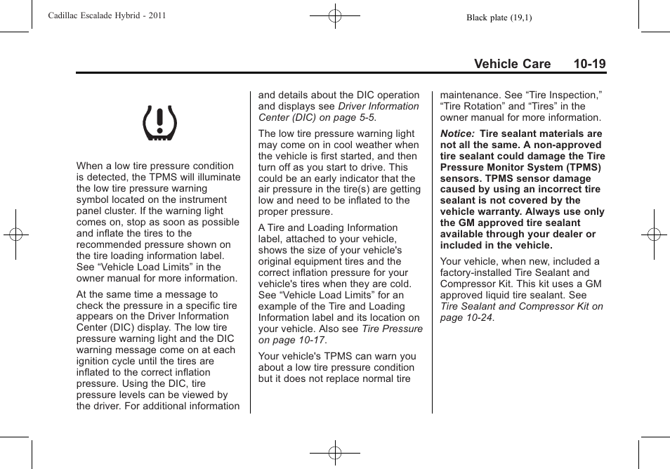 Vehicle care 10-19 | Cadillac 2011 Escalade Hybrid User Manual | Page 63 / 94