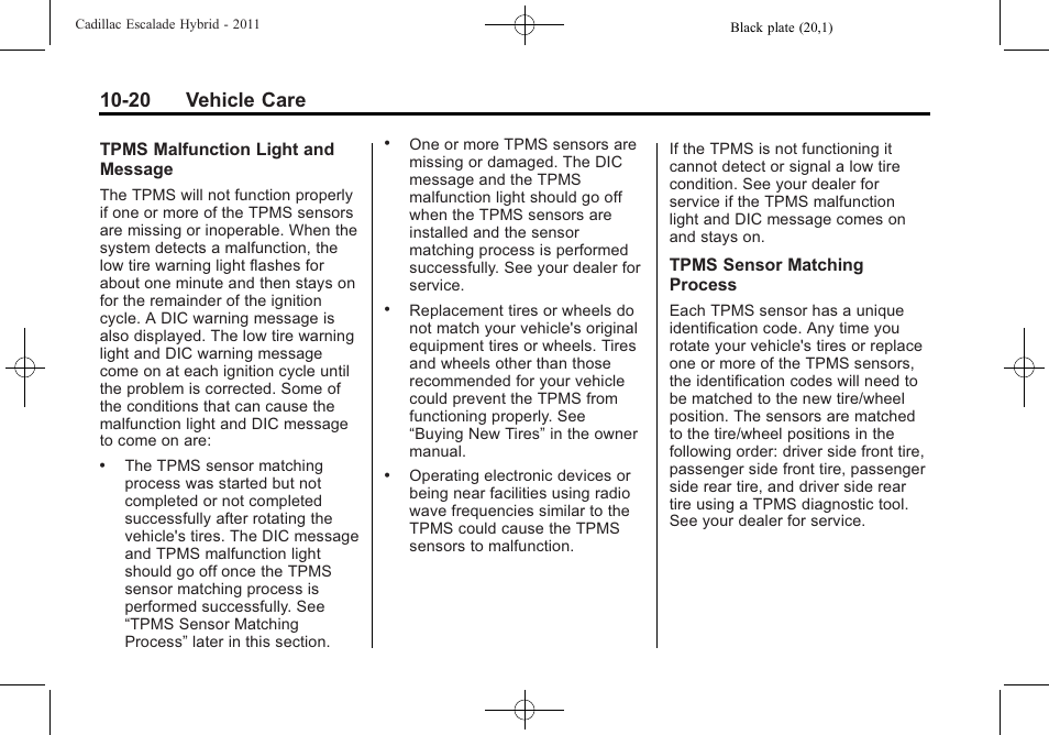 20 vehicle care | Cadillac 2011 Escalade Hybrid User Manual | Page 64 / 94