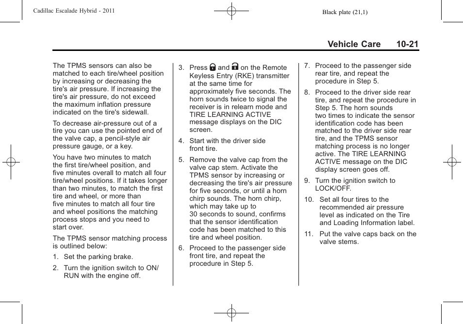 Vehicle care 10-21 | Cadillac 2011 Escalade Hybrid User Manual | Page 65 / 94
