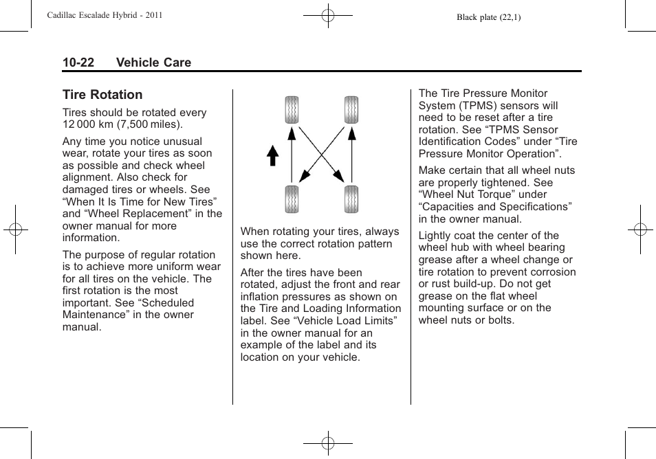 Tire rotation, Tire rotation -22 | Cadillac 2011 Escalade Hybrid User Manual | Page 66 / 94