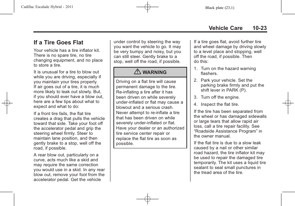 If a tire goes flat, If a tire goes flat -23 | Cadillac 2011 Escalade Hybrid User Manual | Page 67 / 94