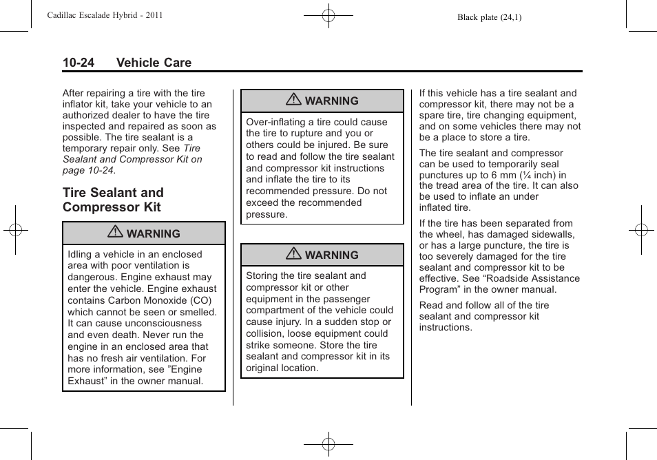 Tire sealant and compressor kit, Tire sealant and, Compressor kit -24 | Cadillac 2011 Escalade Hybrid User Manual | Page 68 / 94