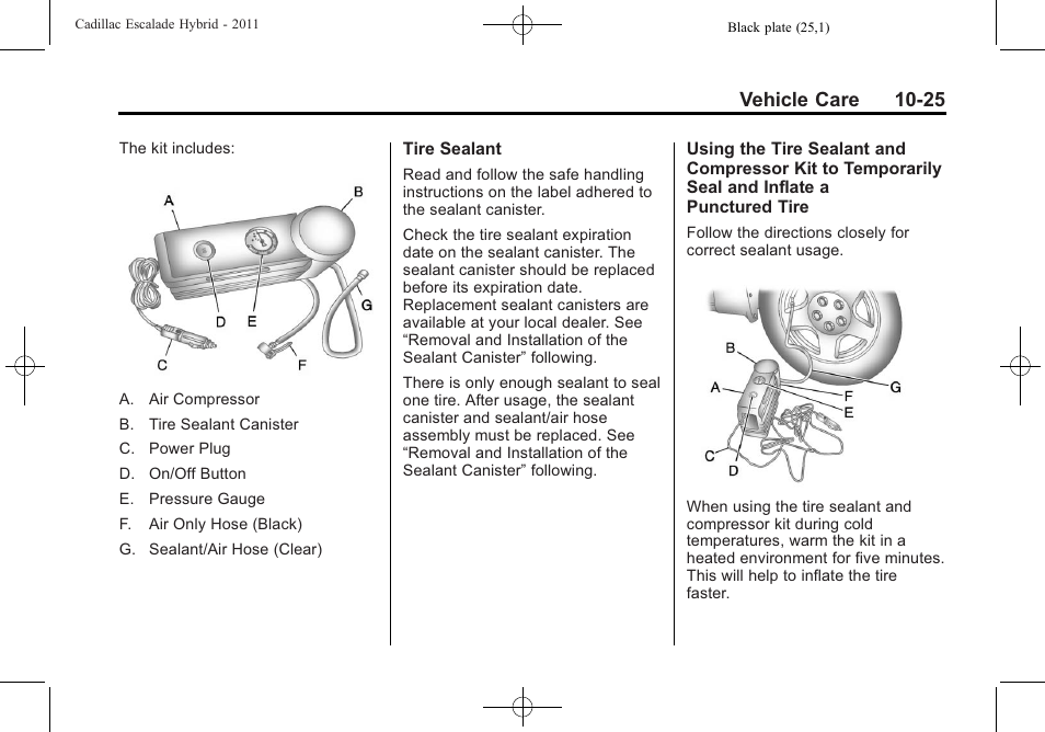 Vehicle care 10-25 | Cadillac 2011 Escalade Hybrid User Manual | Page 69 / 94