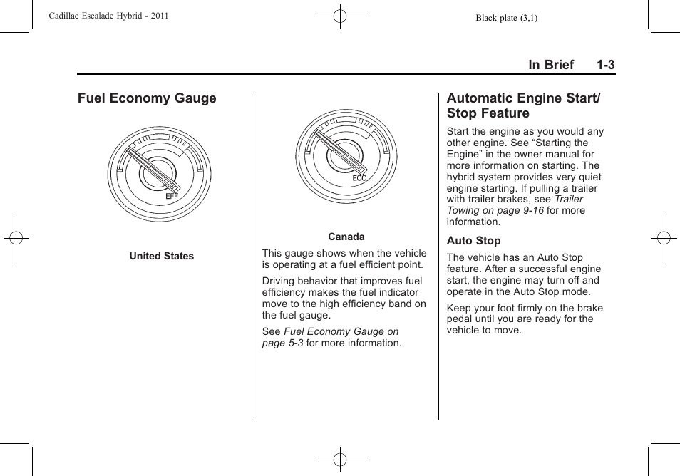 Fuel economy gauge, Automatic engine start/stop feature, Fuel economy gauge -3 automatic engine start/stop | Feature -3, Automatic engine start/ stop feature | Cadillac 2011 Escalade Hybrid User Manual | Page 7 / 94