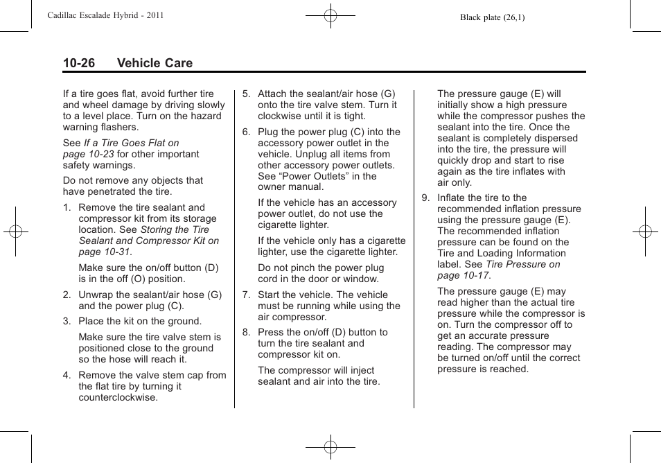 26 vehicle care | Cadillac 2011 Escalade Hybrid User Manual | Page 70 / 94